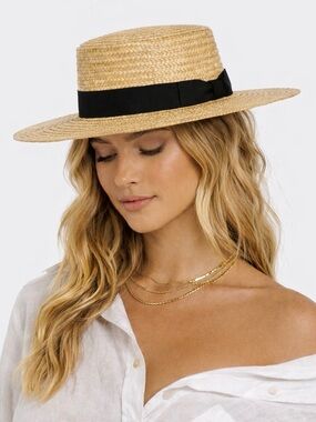 Lack of Color Straw Boater Hat Size M 57cm Tan Black Band Revolve Summer Boating